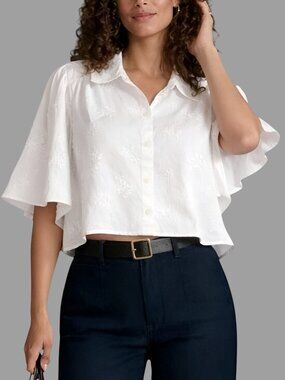 Caroline Constas Women's Embroidered Cropped Babydoll Top Cotton White Size XS